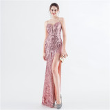 Bead Flower Sequin Elegant Herringbone Evening Dress