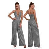 Deep V Neck Low Back Sleeveless Chic Sequined Straps Elegant Women's Party Jumpsuit