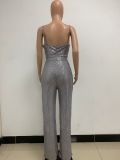 Deep V Neck Low Back Sleeveless Chic Sequined Straps Elegant Women's Party Jumpsuit
