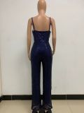 Deep V Neck Low Back Sleeveless Chic Sequined Straps Elegant Women's Party Jumpsuit