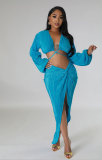 Women's Fashion Summer Solid Casual Long Sleeve Sexy Two-Piece Skirt Set