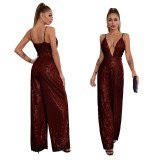 Deep V Neck Low Back Sleeveless Chic Sequined Straps Elegant Women's Party Jumpsuit