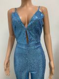 Deep V Neck Low Back Sleeveless Chic Sequined Straps Elegant Women's Party Jumpsuit
