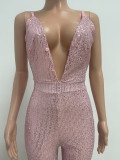 Deep V Neck Low Back Sleeveless Chic Sequined Straps Elegant Women's Party Jumpsuit