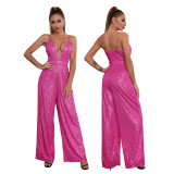 Deep V Neck Low Back Sleeveless Chic Sequined Straps Elegant Women's Party Jumpsuit