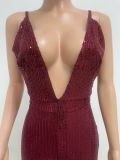 Deep V Neck Low Back Sleeveless Chic Sequined Straps Elegant Women's Party Jumpsuit