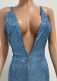 Deep V Neck Low Back Sleeveless Chic Sequined Straps Elegant Women's Party Jumpsuit