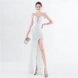 Bead Flower Sequin Elegant Herringbone Evening Dress