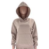 WomenSolid Long Sleeve Hoodies and Casual Shorts Two-Piece Set
