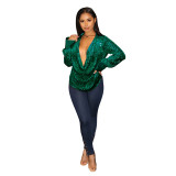 Women's Deep V Pleated Loose Ladies Chic Sequin Long Sleeve Shirt