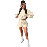WomenSolid Long Sleeve Hoodies and Casual Shorts Two-Piece Set