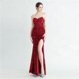 Sexy Sequins Side Slit Strapless Elegant Herringbone Evening Gown