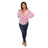 Women's Deep V Pleated Loose Ladies Chic Sequin Long Sleeve Shirt