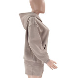 WomenSolid Long Sleeve Hoodies and Casual Shorts Two-Piece Set