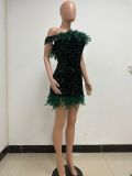 Women's Summer Sequin Low Back Beach Dress Off Shoulder Feather Bodycon Dress