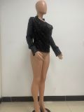 Women's Deep V Pleated Loose Ladies Chic Sequin Long Sleeve Shirt