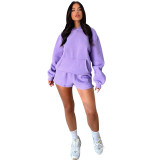 WomenSolid Long Sleeve Hoodies and Casual Shorts Two-Piece Set