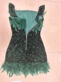Women's Summer Sequin Low Back Beach Dress Off Shoulder Feather Bodycon Dress