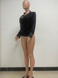 Women's Deep V Pleated Loose Ladies Chic Sequin Long Sleeve Shirt
