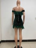 Women's Summer Sequin Low Back Beach Dress Off Shoulder Feather Bodycon Dress