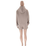 WomenSolid Long Sleeve Hoodies and Casual Shorts Two-Piece Set