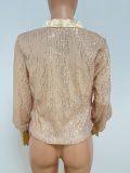 Women's Deep V Pleated Loose Ladies Chic Sequin Long Sleeve Shirt
