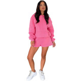 WomenSolid Long Sleeve Hoodies and Casual Shorts Two-Piece Set