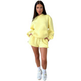 WomenSolid Long Sleeve Hoodies and Casual Shorts Two-Piece Set