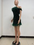 Women's Summer Sequin Low Back Beach Dress Off Shoulder Feather Bodycon Dress