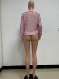 Women's Deep V Pleated Loose Ladies Chic Sequin Long Sleeve Shirt