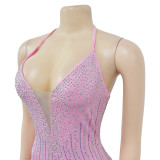 Women's Solid Color Beaded Mesh Feather Lace-Up Dress