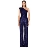 Women's Sleeveless One Shoulder Low Back Sequined Jumpsuit