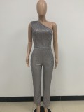 Women's Sleeveless One Shoulder Low Back Sequined Jumpsuit