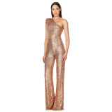 Women's Sleeveless One Shoulder Low Back Sequined Jumpsuit