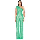 Women's Sleeveless One Shoulder Low Back Sequined Jumpsuit