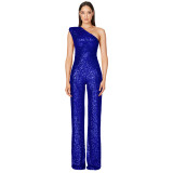 Women's Sleeveless One Shoulder Low Back Sequined Jumpsuit