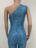 Women's Sleeveless One Shoulder Low Back Sequined Jumpsuit