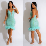 Women's Solid Color Beaded Mesh Feather Lace-Up Dress