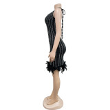 Women's Solid Color Beaded Mesh Feather Lace-Up Dress