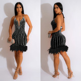 Women's Solid Color Beaded Mesh Feather Lace-Up Dress