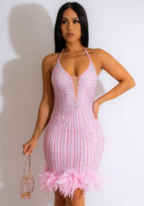 Women's Solid Color Beaded Mesh Feather Lace-Up Dress