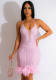 Women's Solid Color Beaded Mesh Feather Lace-Up Dress
