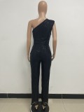 Women's Sleeveless One Shoulder Low Back Sequined Jumpsuit
