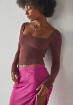 Women's Long Sleeve Solid Crop Square Neck T-Shirt