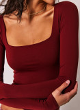 Women's Long Sleeve Solid Crop Square Neck T-Shirt