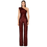 Women's Sleeveless One Shoulder Low Back Sequined Jumpsuit