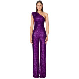 Women's Sleeveless One Shoulder Low Back Sequined Jumpsuit