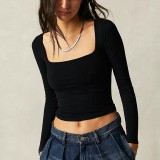 Women's Long Sleeve Solid Crop Square Neck T-Shirt