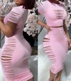 Women's Print Short Sleeve Top Tight Fitting Midi Skirt Two Piece Set