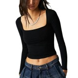 Women's Long Sleeve Solid Crop Square Neck T-Shirt